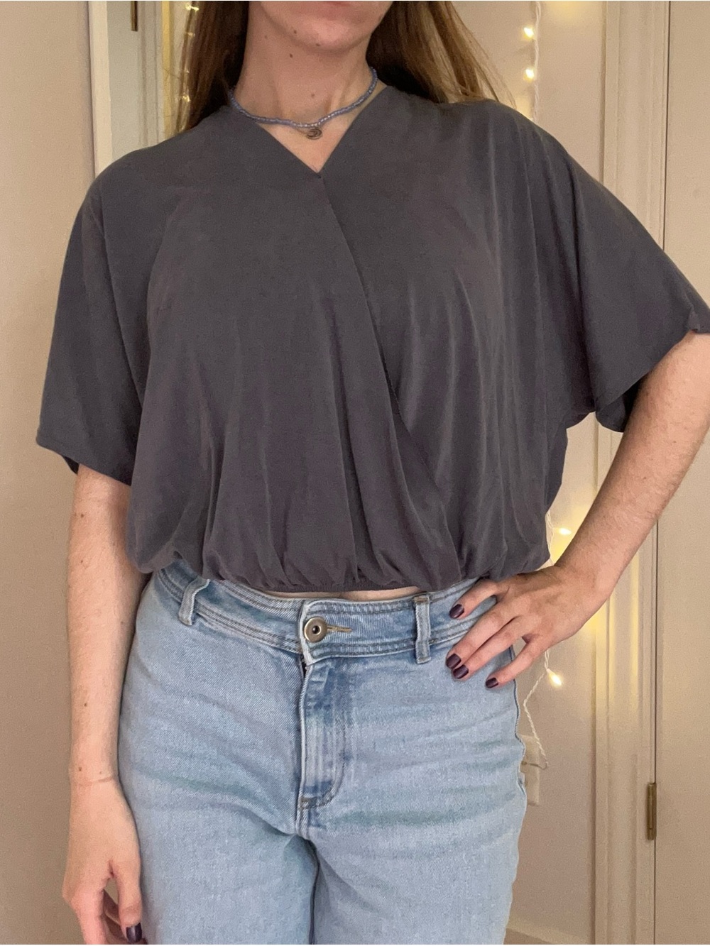 Grey Short Sleeve Cropped Blouse